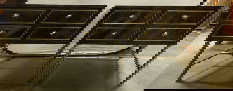 Pr MASTERCRAFT FURNITURE Burlwood & Metal Tables: Tags on interior read MASTERCRAFT FURNITURE. Each piece is dark chocolate toned burled wood. Each drawer has hand dovetailing & gold toned spherical knob style handles. Tables each have gilt metal ,po