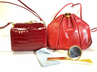 Lot2 Red Reptile&Croc JUDITH LEIBER Shoulder Bags: Signed Judith Leiber New York Luxury Evening bags. Both signed on a gold tone plaque affixed to interior of bag. Both very lightly used. Clean inside and out Genuine reptile red shoulder bag with gold