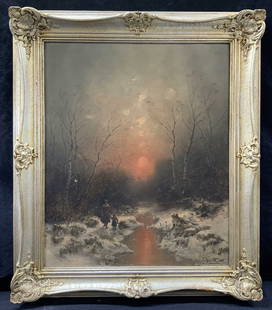 1895 Antique SNGD Snowy Forest Oil Painting: Signed on lower right corner possibly reads Renardt, 1895 Depicts a landscape of a snowy with a mother and child walking along the edge of a creek with a red sun in the background. Framed in silver me