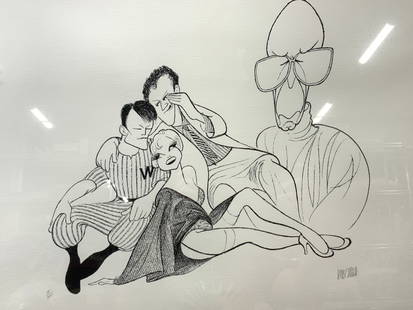 Al Hirschfeld Signed Lithograph, Damn Yankees: Shows Bebe Neuwirth and Jarrod Emick in a revival of Damn Yankees. Signed on lower right corner Al Hirschfeld in graphite, 18/100 Depicting a woman in lingerie sitting next to a baseball plater with a