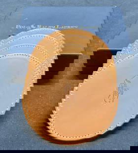 Polo Ralph Lauren Tan Leather Coaster Set 4: Polo Ralph Lauren set of 4 tan leather coaster with original box. Some wear to leather consistent with exposure. Measure approx. 3.5 inches diameter each. Polo Ralph Lauren, polo Ralph Lauren coaster,