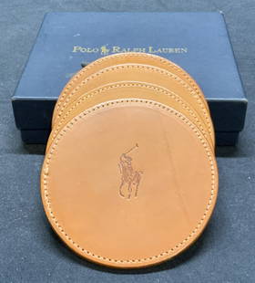 Polo Ralph Lauren Tan Leather Coaster Set 4: Polo Ralph Lauren set of 4 tan leather coaster with original box. Some wear to leather consistent with exposure. Measure approx. 3.5 inches diameter each. Polo Ralph Lauren, polo Ralph Lauren coaster,