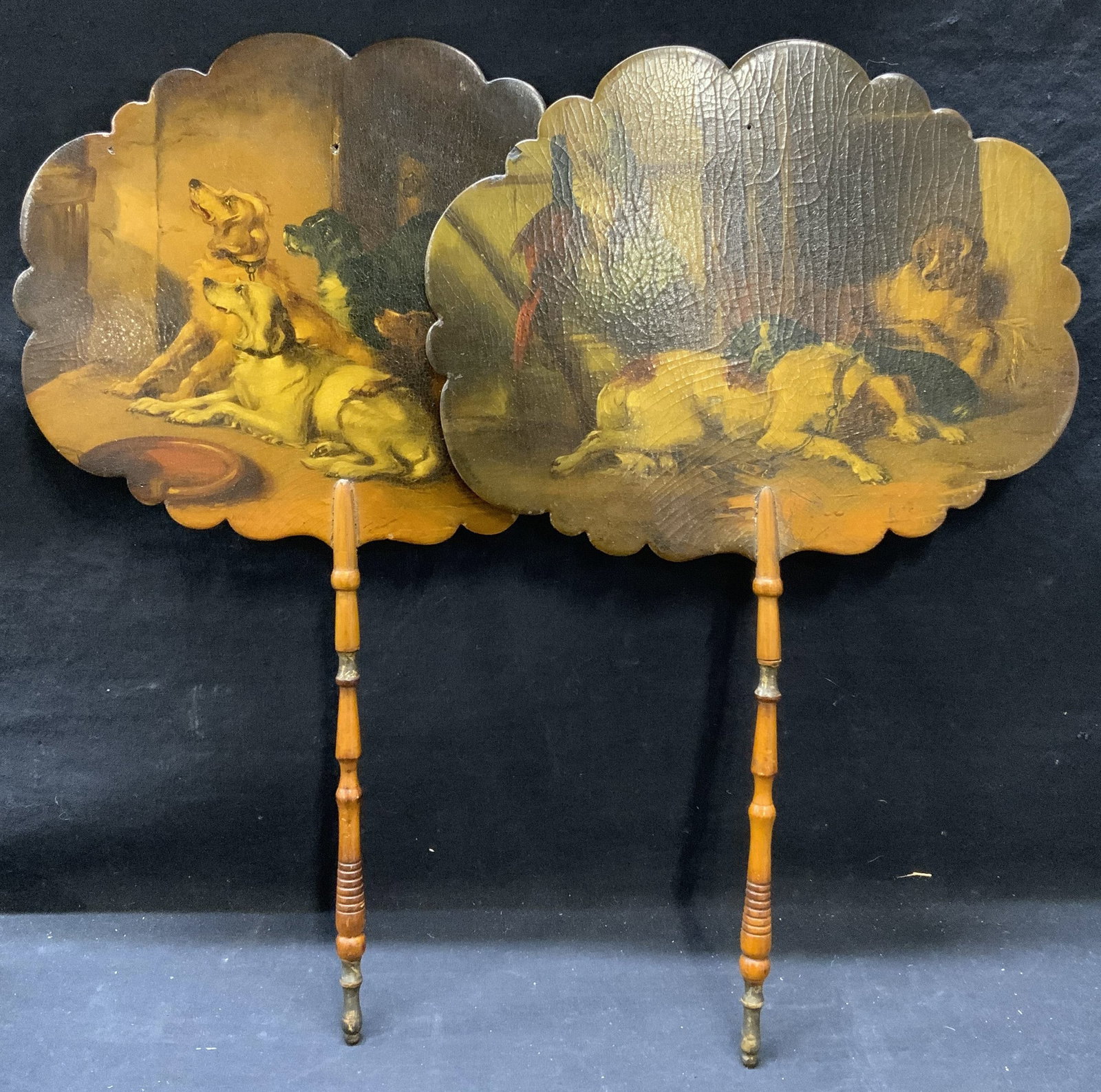 Pair Antique Lacquered Wood Face Screen Fans (1 of 7)
