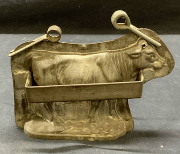 Antique Anton Reiche Cow Chocolate Mold: Antique Anton Reiche Dresden chocolate mold. Surface wear consistent with exposure. Trademarked on metal. Measures approx. 6.5 x 2.5 x 4.5 inches. Antiques, antique chocolate mold, antique mold, cow m
