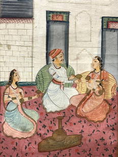 Mughal Style Indian Painting On Fabric: Mughal style painting on fabric depicting a man seated and attended by his two concubines amongst a white stone building. Framed in gold metal leafed wooden frame. Approximately 3ft tall by 23 inches