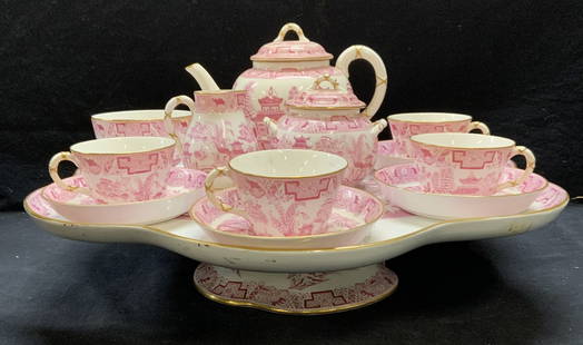 13 Antq Royal Worcester Pink Willow Cabaret Set: Antique 13 piece Royal Worcester Davis Collamore & Co porcelain cabaret set in Pink Willow B389 pattern. Set includes lazy susan (19.75 x 4), teapot (9.25 x 5.25 x 6 inches), creamer (2.75 x 3.75 inch