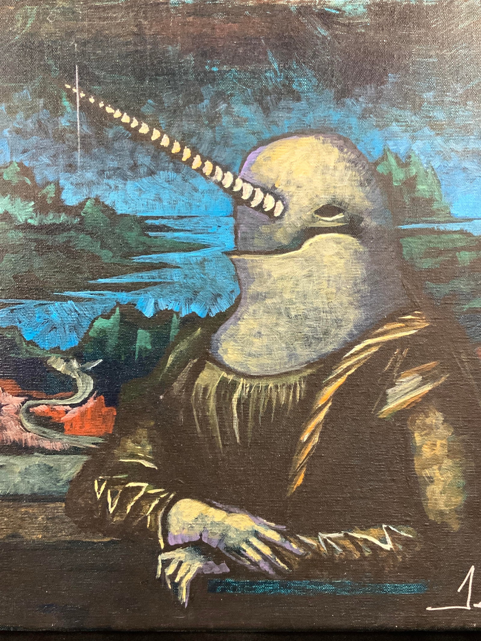 Signed Narwal Mona Lisa Acrylic Painting (1 of 8)