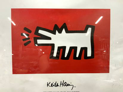 Keith Haring Barking Dog Lithograph: Lithograph depicting Keith Haring white barking dog against a red background. Marked from the Keith Haring foundation. Framed in black metal frame. Approximately 12 x 16 inches, Window measures 11.4 x