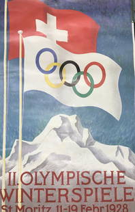 1928 Winter Olympics Lithograph: Lithograph of a 1928 Winter Olympics poster depicting a white flag with the Olympic rings and the Swiss flag behind with a snow filled mountain in the distance. Reads II. Olympische Winterspiele