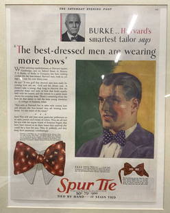 Vintage Framed Spur Tie Advertisement: Framed advertisement lithograph. The Saturday Evening Post full page advertisement for Spur Tie, circa 1924. Framed in grey marble style composite frame. Measures approx. 19.75 x 15.5 inches, window a