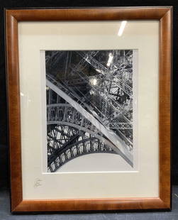 Cristian Lopez Balboa Bridge Lithograph: Cristian Lopez Balboa framed lithograph. Signed on mat to lower left. Subject depicts a close up view of a bridge in black and white. Professionally framed in wood frame. Measures approx. 15.5 x 12.5