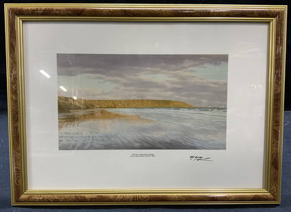 Malcolm H Morris Filey Bay Lithograph: Fine art lithograph of original painting by Malcolm H Morris. Titled to lower center Filey Bay - looking north to the Brigg. Signed in ink to lower right. Subject depicts a landscape water scene. Fram