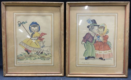 Lot 2 K Townsend Nursery Rhyme Lithographs: Lot of 2 framed K. Townsend nursery rhyme lithographs. Artist name to lower right of each. 1 titled Mary Had a Little Lamb and 1 titled Georgie Porgie. Subjects depicts cats dressed as nursery rhyme c