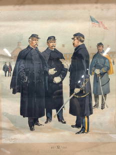 1888 Officers & Enlisted Men Colored Lithograph: Marked on lower margin 1888 Officers and Enlisted men overcoats and capes. Lith by G.H. Buek & Co NY, copyright 1888 Depicts officers in dark coats and capes over their shoulders talking. Frame in bla