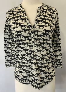 Black & White Graphic Horse Print Top: Black and white equine horse print top. 100% polyester. No labels observed. Measures approx. 17.25 inches across chest laid flat. Some wear to material consistent with exposure. Property of Palm Beach