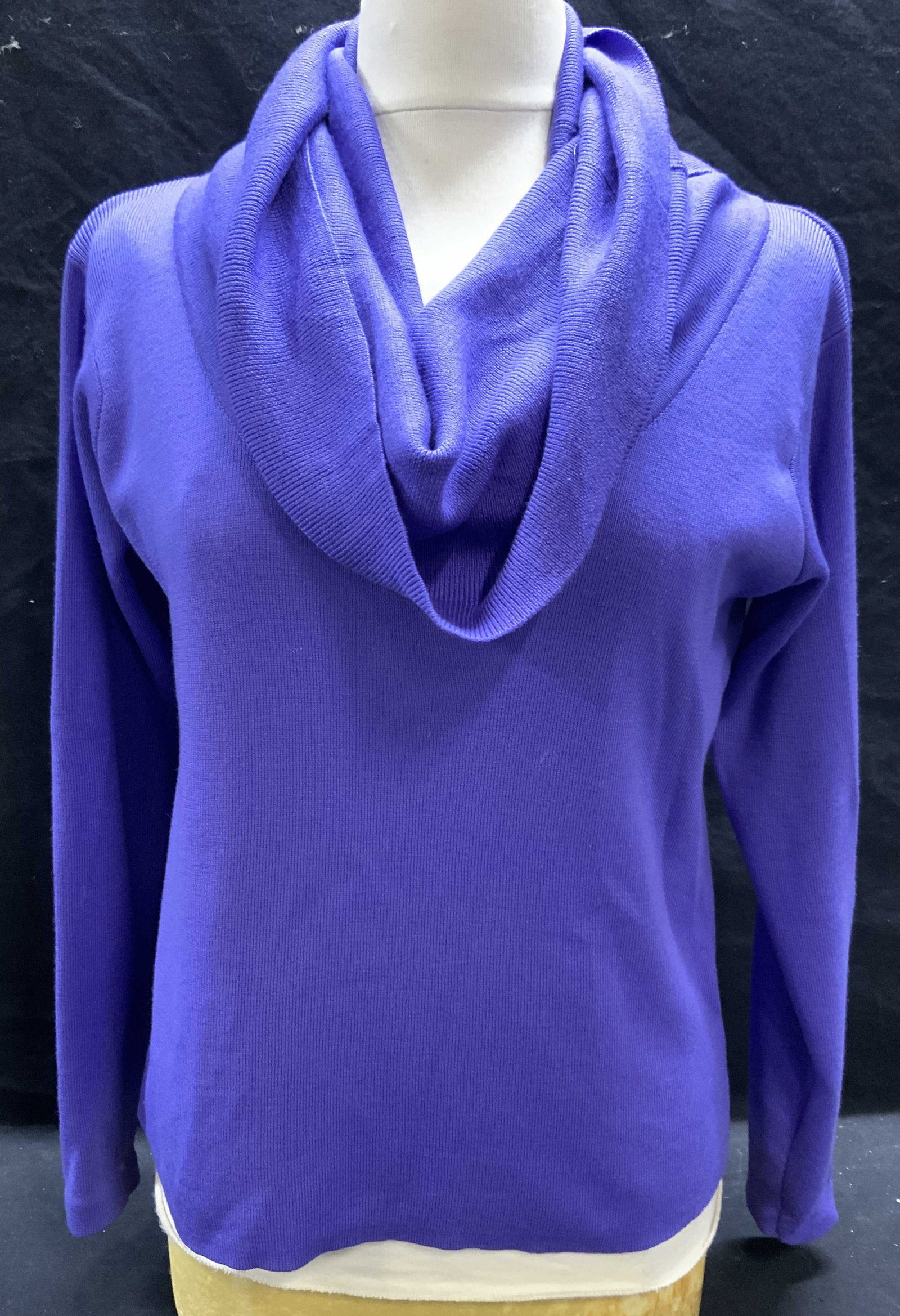 Mauro Gasperi Purple Funnel Neck Sweater: Mauro Gasperi purple funnel neck sweater. Material feels like wool. Measures approx. 18.25 inches across chest. Fabric has stretch. Some wear to material consistent with exposure. Mauro Gasperi, Mauro