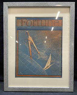 Framed Fortune Magazine Sept 1938 Cover: Framed cover of Fortune Magazine published September 1939. Illustrated lithograph cover features compass and sail boat. Framed in grey marble style composite frame. Measures approx. 19.75 x 15.5, wind