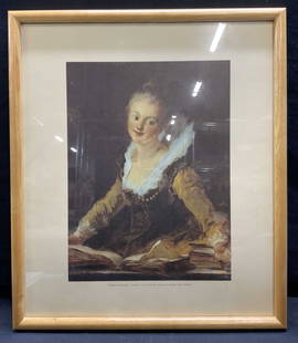 Fragonard LEtude Fine Art Lithograph: Honore Fragonard LEtude framed fine art lithograph of an original oil painting. Subjects depicts a young woman seated reading a book. Professionally framed in wood frame under acrylic. Measures approx