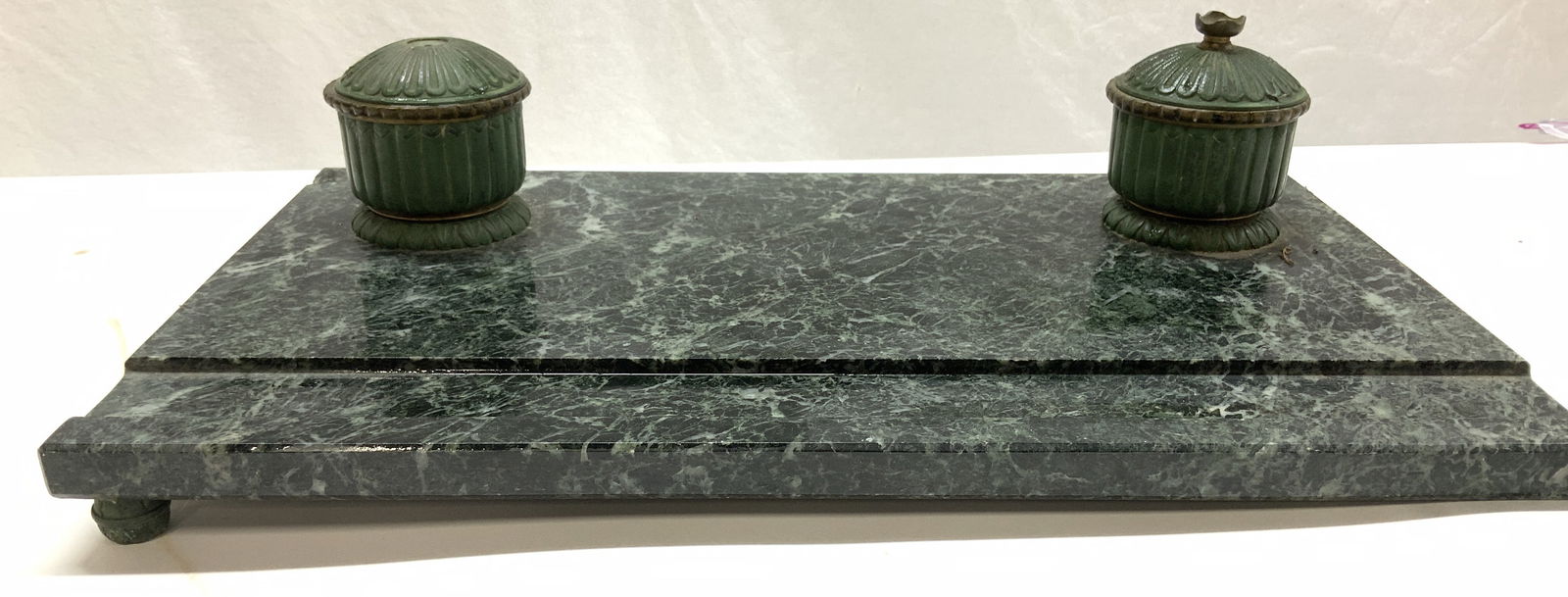 Green Marble Desktop w Dual Brass Inkwells (1 of 9)