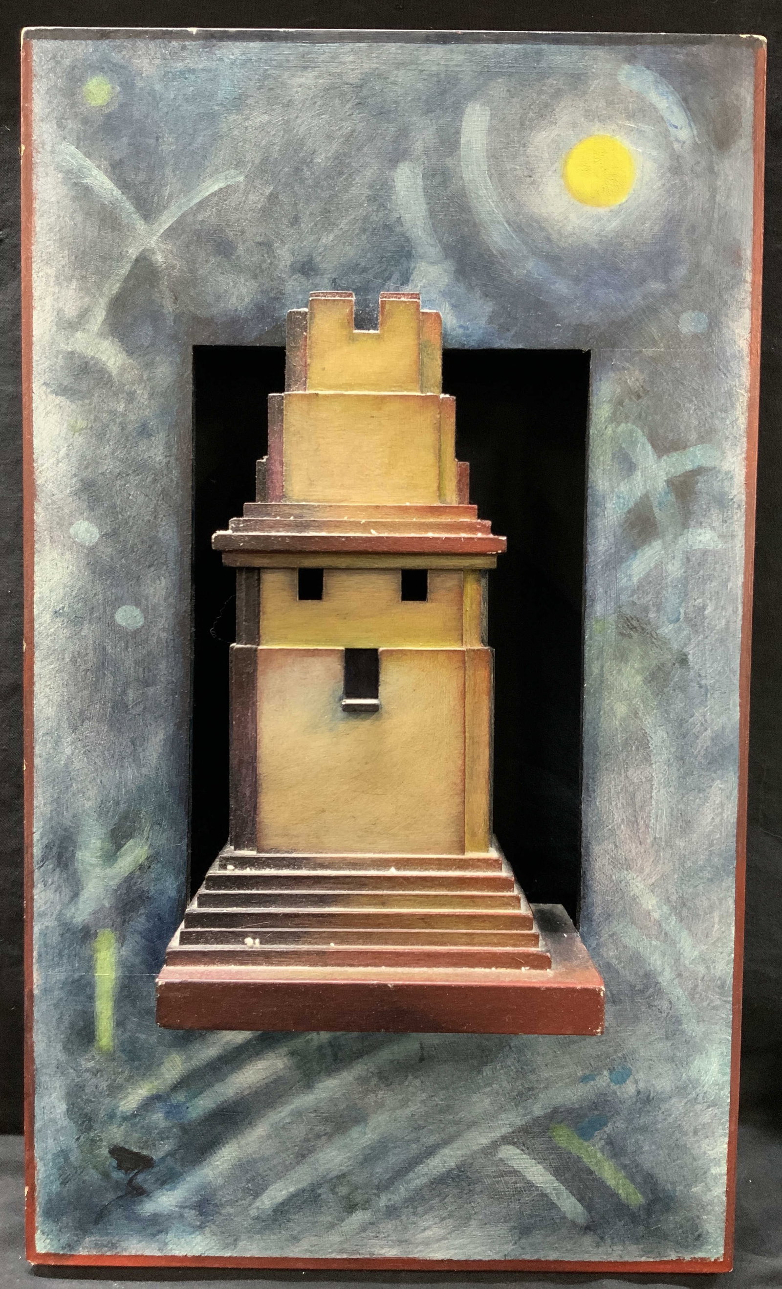 Stephon Mckeown Signed Carved Wooden Art Panel: Signed on backside Stephin McKeown. Carved wooden art wall panel with a 3D building or castle with tower affixed to the blue panel. Approximately 20.5 x 12 inches. Moderate wearing to wood. Wall art, 