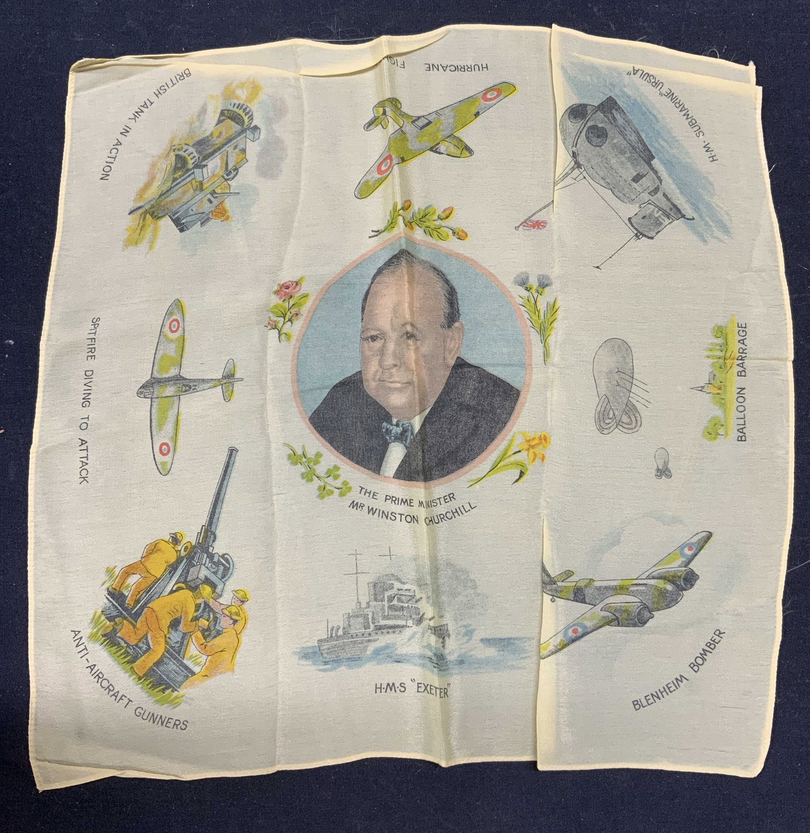 Vintage Prime Minister Winston Churchill Hankie: vintage Prime Minister Winston Churchill satin handkerchief. Wear to material consistent with exposure. Measures approx. 13.5 x 13 inches. Winston Churchill, Winston Churchill handkerchief, wwii, Worl