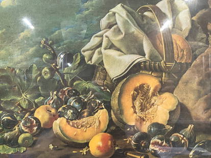 Mendez Still Life Fruits Lithograph: Landscape lithograph marked Luis De Mendez Still Life Fruits Depicts a still life of a basket with fruits scattered around the ground Framed in tan toned wooden frame. Approximately 22.5 x 19.5 inches