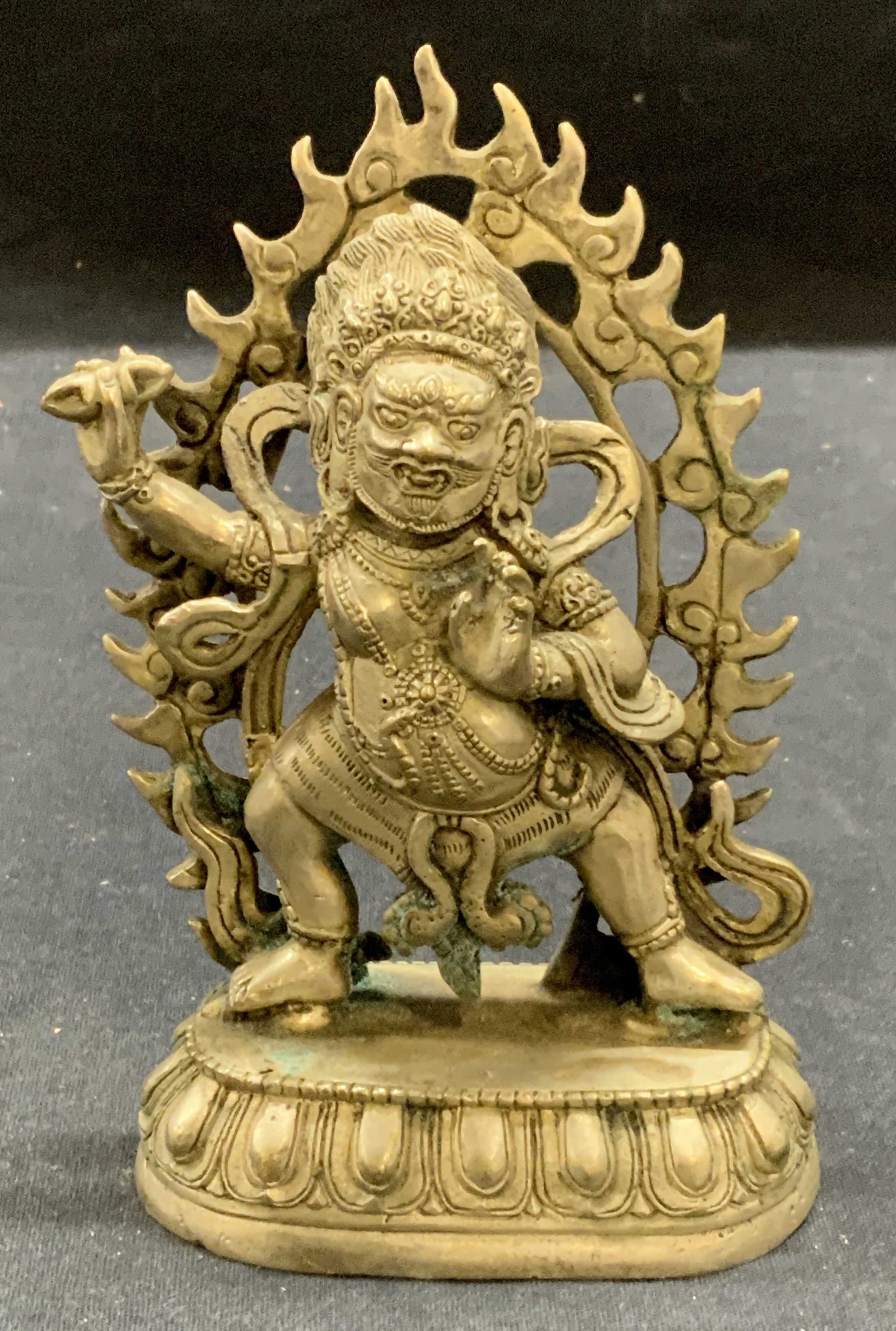 Stamped Chinese Pewter Mahakala Figurine: Stamped Chinese pewter Mahakala figurine. Stamped to underside. Measures approx. 3.25 x 2 x 5.25 inches. Surface wear consistent with exposure. Mahakala, mahakara, Chinese figurine, Tibetan figurine, 
