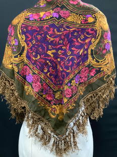 Challis Venetian Scroll & Flower Scarf,Japan: Labeled Square scarf, Challis by Berkshire Venetian Style Scroll and floral scarf with tassels. Nylon. Deep eggplant color with red scrolls and dark saffron, pink and purple roses with bronze tassel e