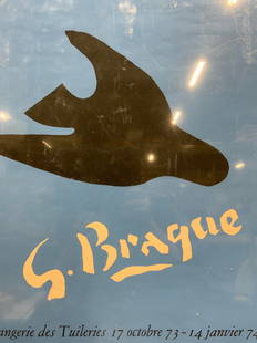 Braque 1973 Orangerie Des Tuileries Lithograph: Georges Braque 1973-74 Orangerie Des Tuileries exhibition poster. Offset lithograph on paper with board backing and plastic covering. Blue with white and black typeface and black bird motif. Surface w