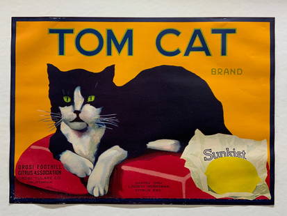 Vintage Tom Cat Sunkist Crate Label Litho: Vintage Tom Cat Sunkist crate label lithograph mounted on board. Subject depicts cat with lemon in orange, red, and yellow. Some surface wear consistent with exposure. Crate label measures approx. 8.7