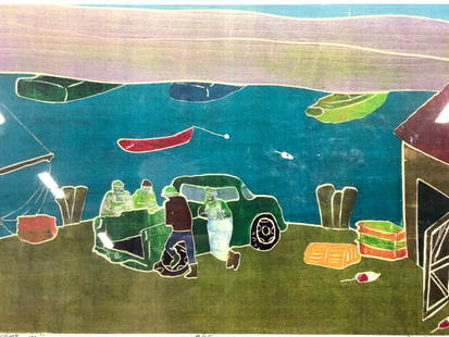 Signed & Numbered Giclee Print: Signed on lower right corner illegibly. 9/25 Depicts a group of men standing around a pick up trunk with a lake in the background and boats in the water. No frame. Comes in off white mat board. Approx