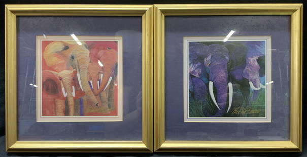 2 BETSEY FOWLER Signed Elephant Lithographs: Set of 2 signed elephant lithograph both signed in gold marker Betsey Fowler. 1 lithograph depicts elephants in warm tones and the other depicts elephants in cool purple tones. Both framed in gold met