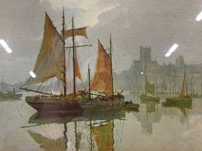 Rene Coulon Maritime Seascape Lithograph: Marked on backside Rene Coulon Subject depicts a landscape of the waterway with a city in the distance and various sailing ships on the water Framed in tan toned wooden frame and off white mat board A