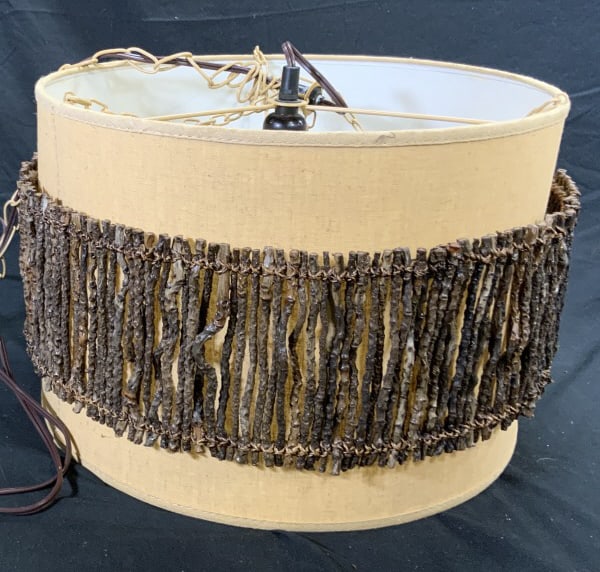 Vintage Drum Shade Chandelier: A vintage drum shade chandelier. Linen drum shade with twig detail. Metal chain to shade for displaying. One area to place a light bulb. Drum shade measures approx 11H x 16W in. Not tested for functio