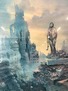 A New Dawn By John Pitre Lithograph: Lithograph of a new Dawn by John Pitre. Depicting a man in a loin cloth holding a pipe in his hand with the remains of New York City around him Framed in silver metal frame, approximately 28 x 20 inch