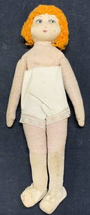 Vintage Handmade Fabric Rag Doll: Vintage handmade fabric rag doll. Surface wear consistent with exposure. Measures approx. 12 inches long. Property from F.W. WOOLWORTH CEO Byron DeWitt Miller estate by family descent. Vintage doll, r