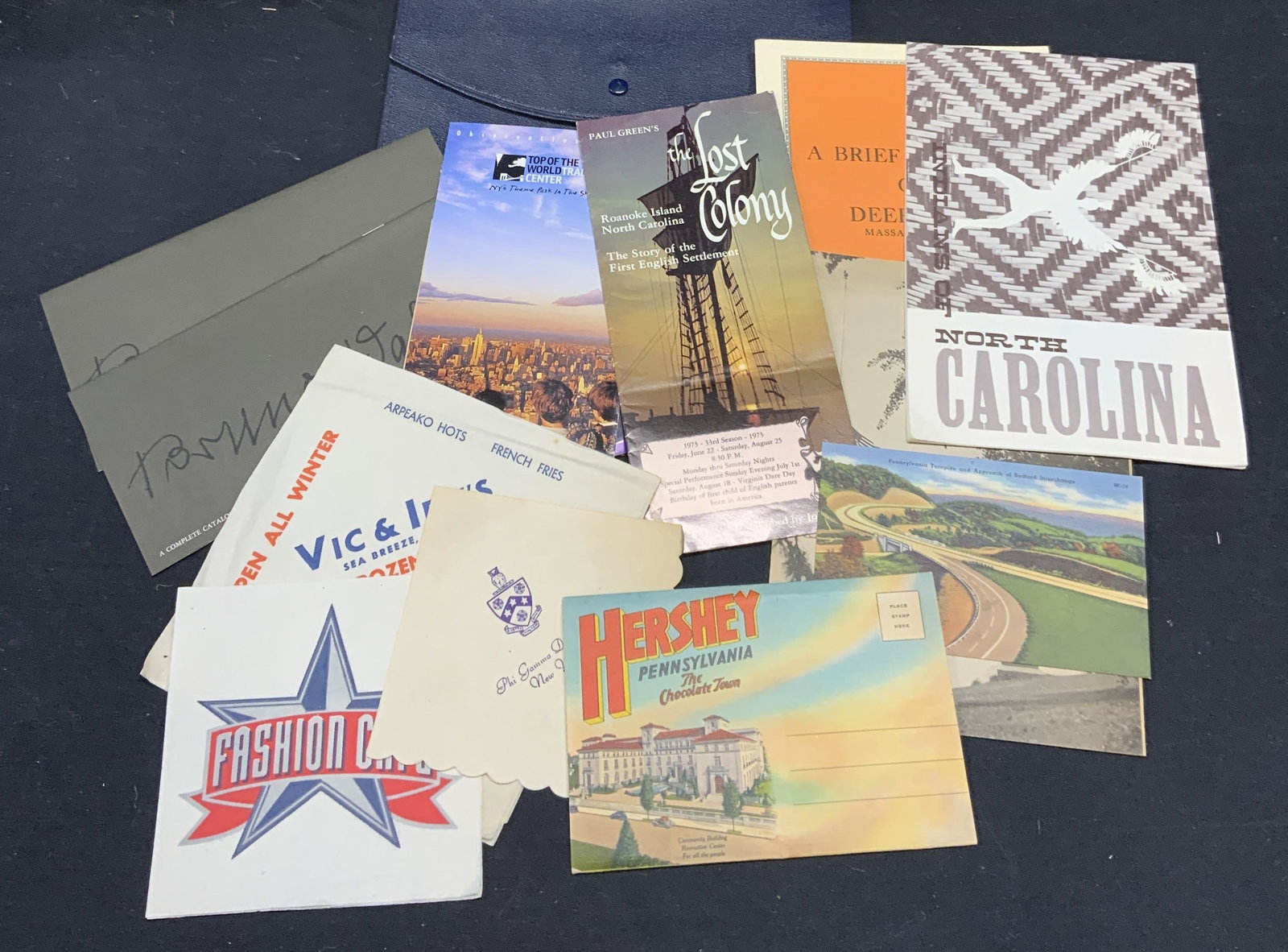 Group Vintage Travel Ephemera, Historic USA, More: Group of 15 pieces of vintage travel ephemera. Includes historic United States travel ephemera from Virginia, North Carolina, Pennsylvania, and New York, vintage paper cocktail napkins, and American E
