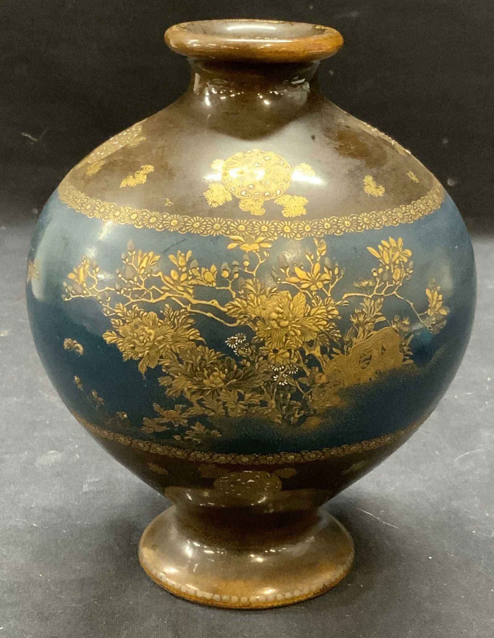 Signed Asian Brown/Blue Gilt Ceramic Vase (1 of 6)