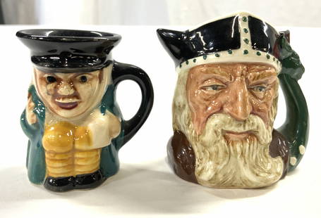 Lot 2 ROYAL DOULTON & STAFFORDSHIRE Vessels: Lot includes 2 vessels 1 underside marks ROYAL DOULTON VIKING MADE IN ENGLAND (Viking head detailed vessel) & 1 marked GENUINE STAFFORDSHIRE MADE IN ENGLAND (Vessel of male figure). Largest piece meas