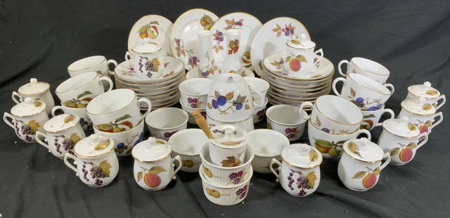 Set 63 ROYAL WORCESTER EVESHAM Porc Set: Undersides read ROYAL WORCESTER EVESHAM MADE IN ENGLAND. Lot includes 17 saucers, 13 tea cups 2.5 in H by 4.25 in depth by 3.25 width, 10 ramekins, 1 salt & 1 pepper shakers, 7 plates 6.5 in, 12 lidde