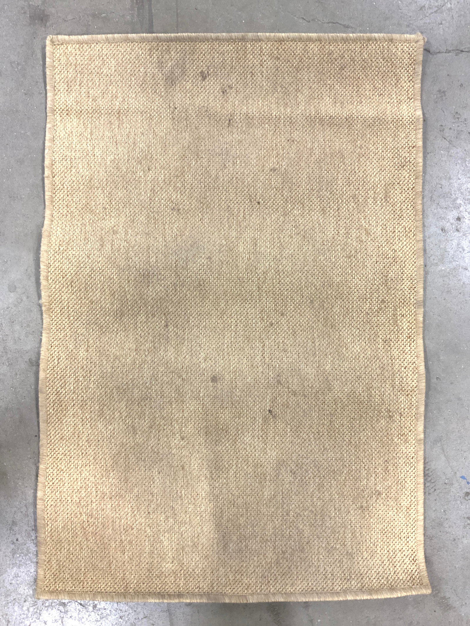 Area Rug Carpet Mat Tan: Rug is tan toned. Piece appears to possibly be wool. Measures approx 35.5 inches long 24 inches wide. Rug, carpet, mat, area rug, tan rug, homewares, home decor. Evident stains and wear. Property of 5