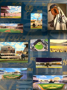 NY Yankee Baseball History Lithograph: Marked on lower left corner A Bill Goff Fine Art Baseball Portfolio, Yankee Timeline. 28 x 22 inches, 1996. Depicts various color images of Yankee games throughout the years from 1927-28, 1951, 1956 e