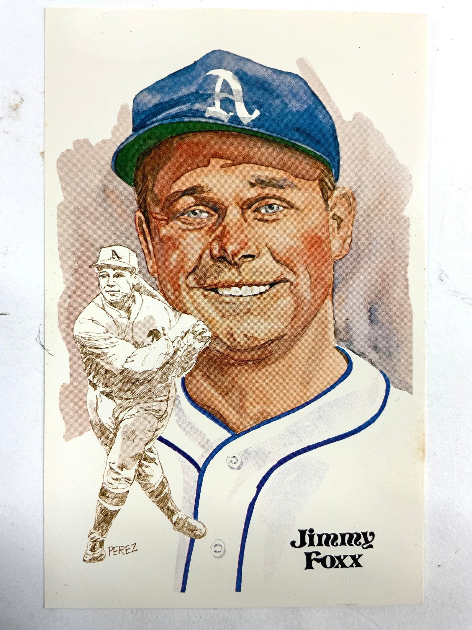 JIMMY FOXX PEREZ STEELE CARD Vintage: Card reads JIMMY FOXX. Depicts former Philadelphia Athletics Major League Baseball player JIMMIE FOXX. Portrait reads PEREZ. Backside reads PEREZ STEELE GALLERIES. Card is Numbered 09835/10000 Second 