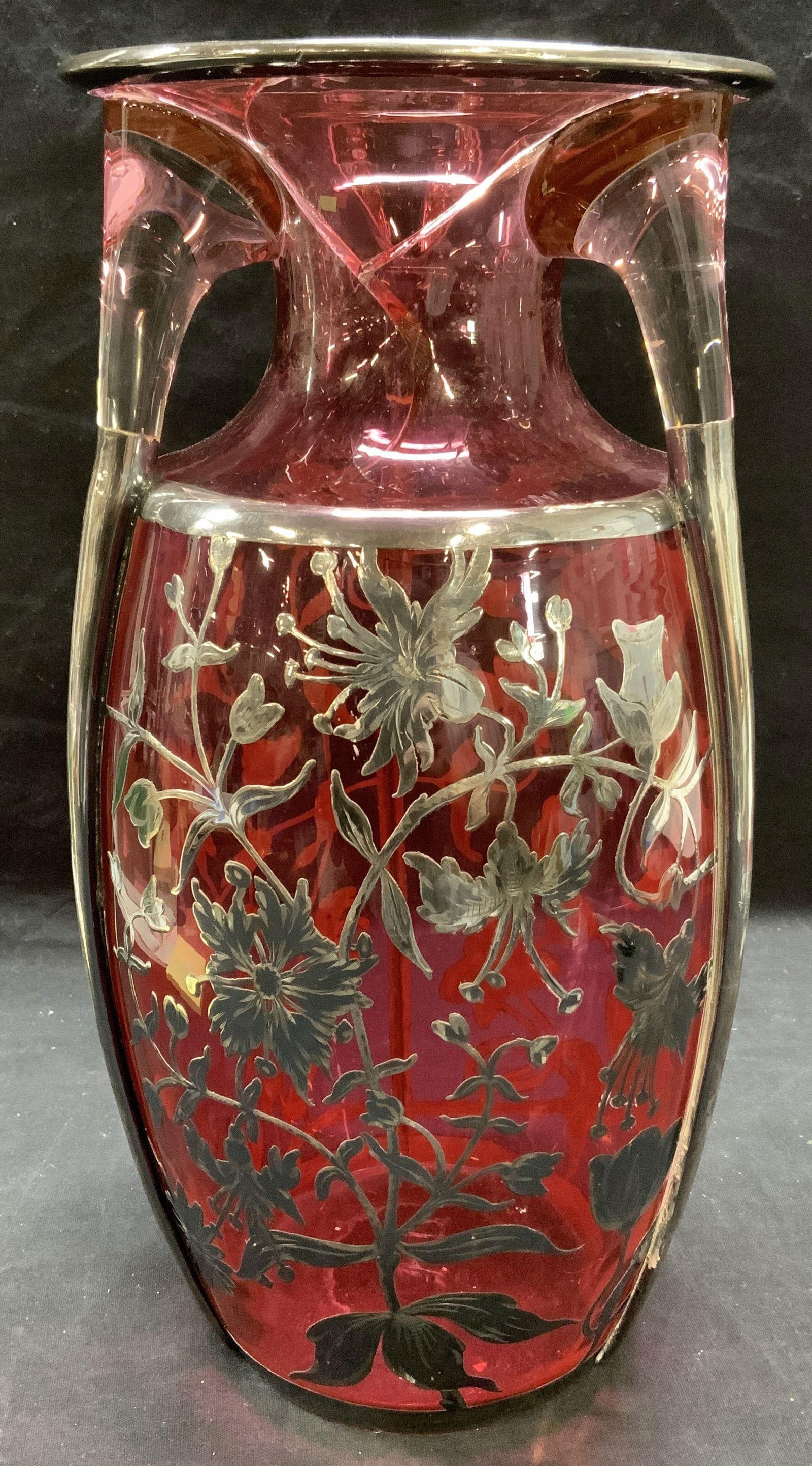 Sterling Silver Overlay Cranberry Glass Vase (1 of 7)