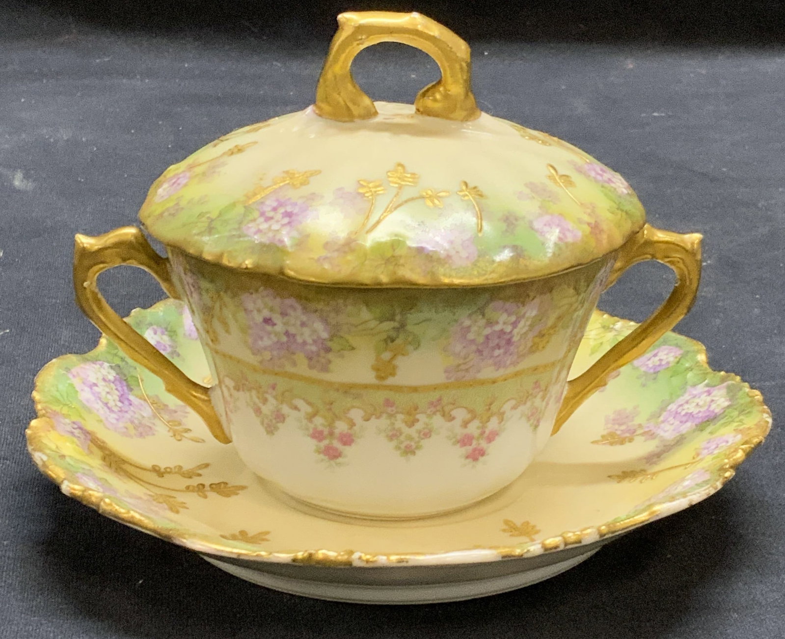 LS&S Limoges Porcelain Sugar Bowl & Plate France: LS&S Limoges porcelain sugar bowl and plate with floral motif and gilt decoration. Trademarked to undersides. Some surface wear consistent with exposure. Sugar bowl measures approx. 4.75 x 3.5 inches.