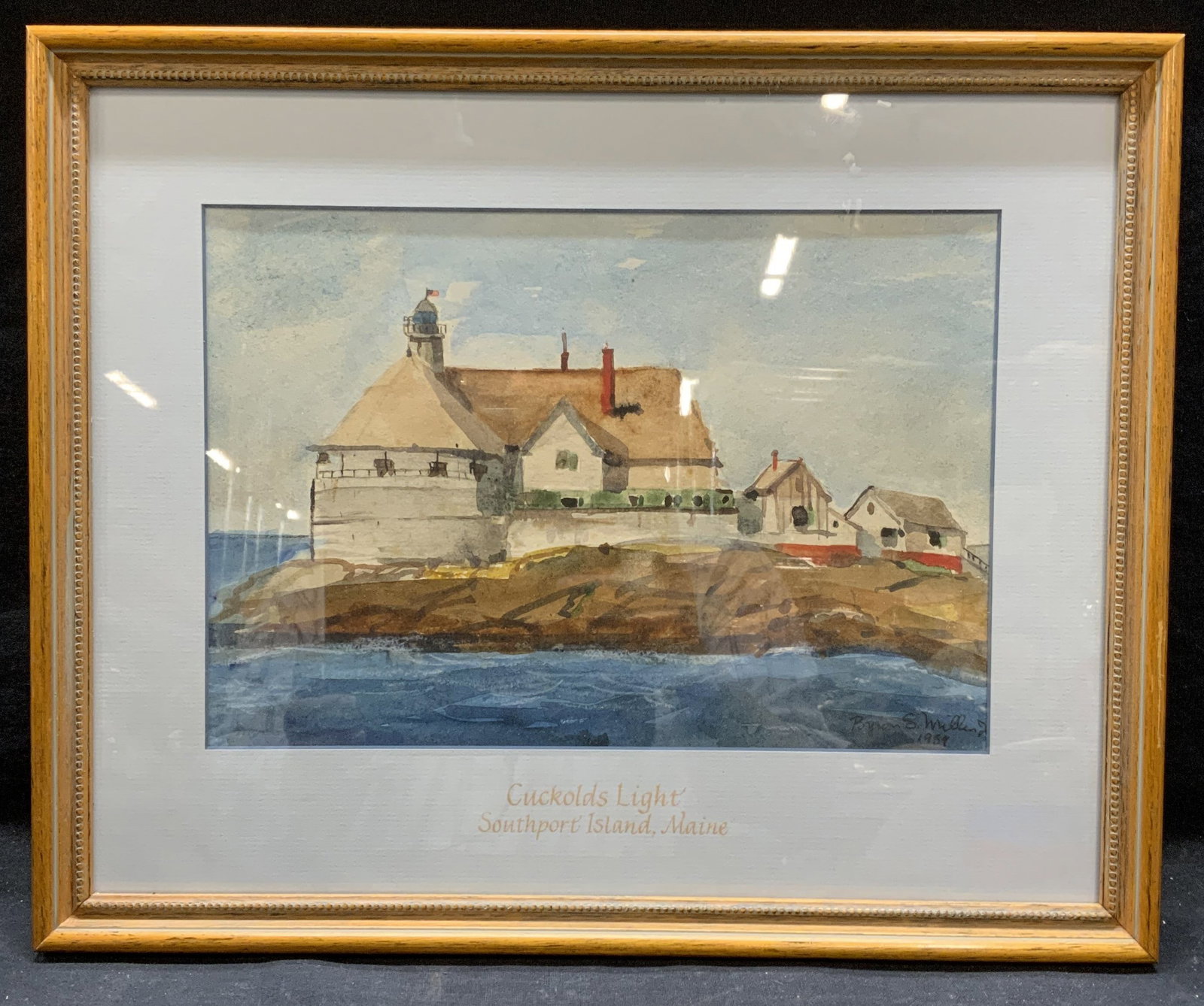 Signed Miller Southport Island Watercolor Painting: Signed Byron S. Miller Cuckolds Light Southport Island, Maine framed watercolor painting. Signed to lower right, dated 1954. Subject depicts exterior island scene with lighthouse. Professionally frame