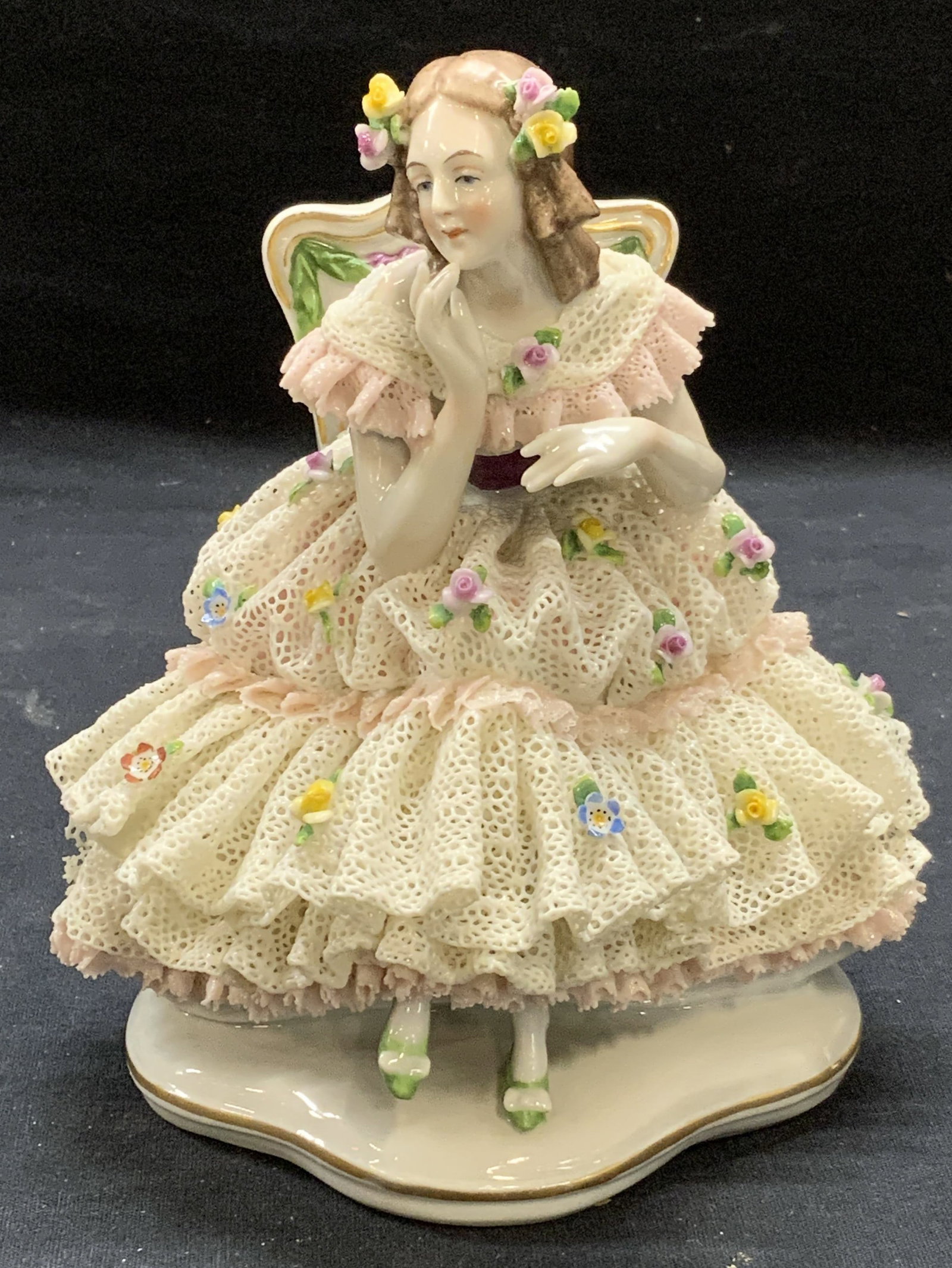 Antq Stizendorf Dresden Porcelain Lace Figurine: Antique Stizendorf Dresden porcelain lace figurine of a woman. Trademarked to underside. Some surface wear consistent with exposure and losses to lace. Measures approx. 5.25 x 4.25 x 6.5 inches. Stize