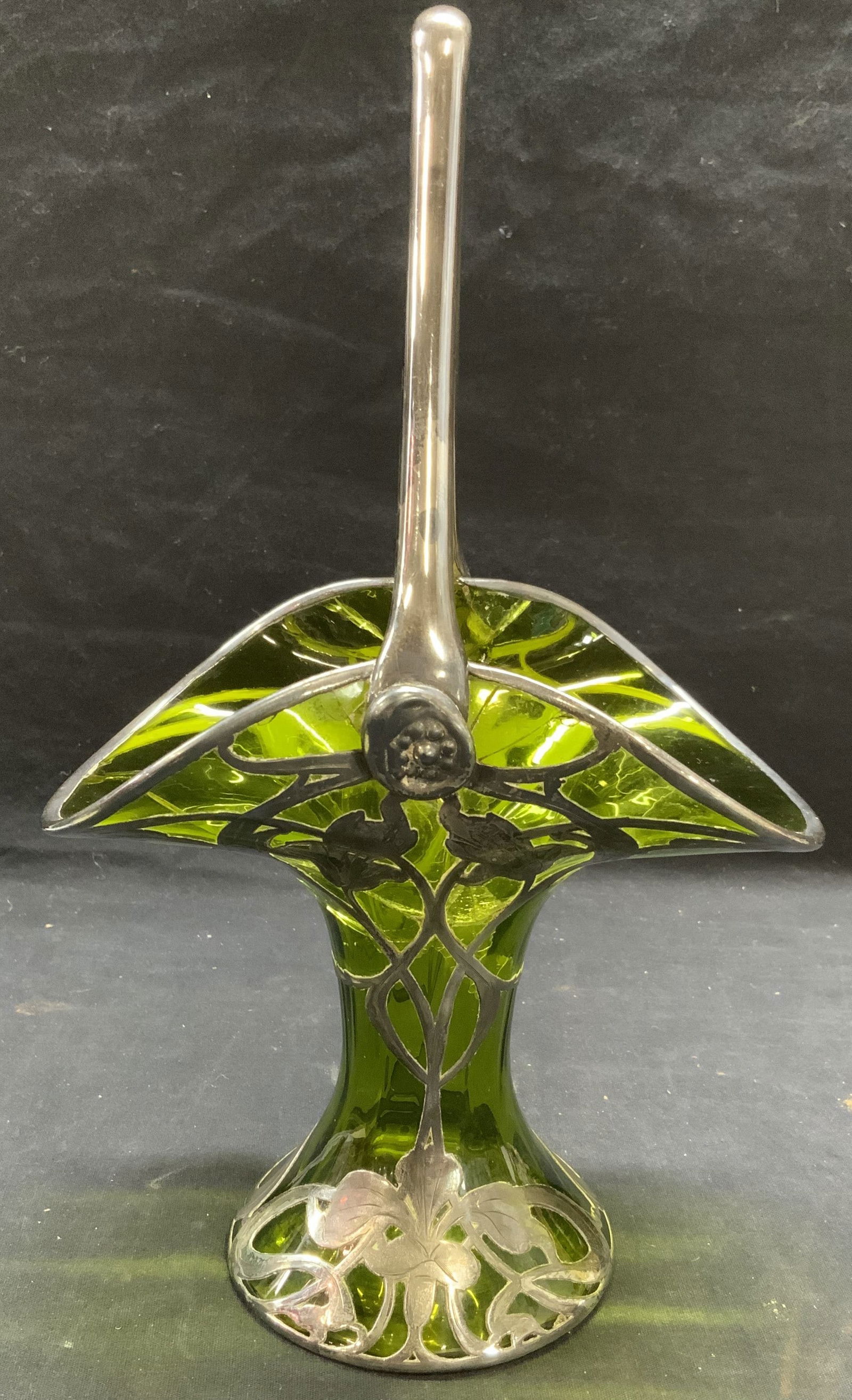 Sterling Silver Overlay Emerald Glass Basket (1 of 7)