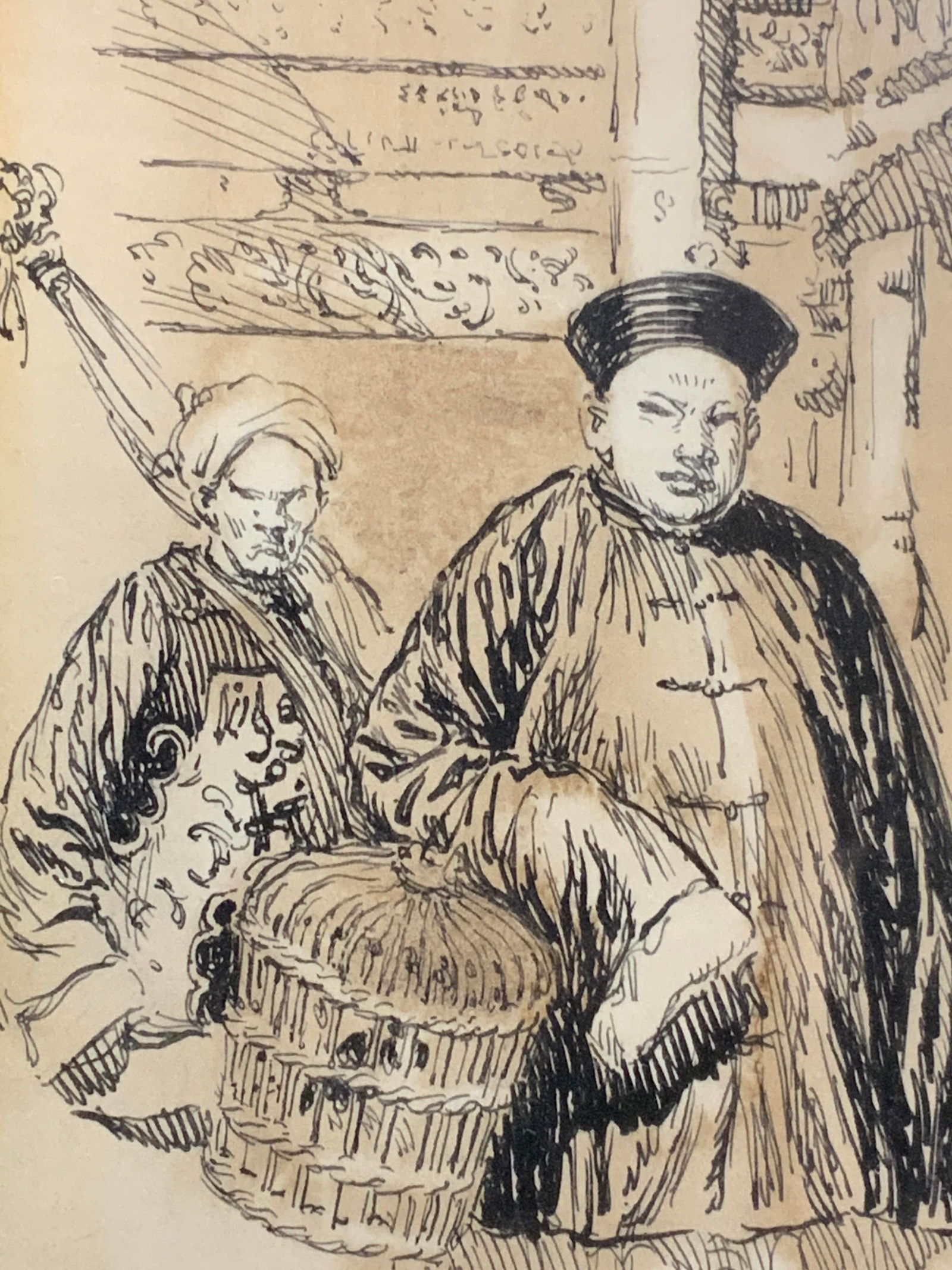 Signed PCW Asian Figural Ink Drawing (1 of 6)