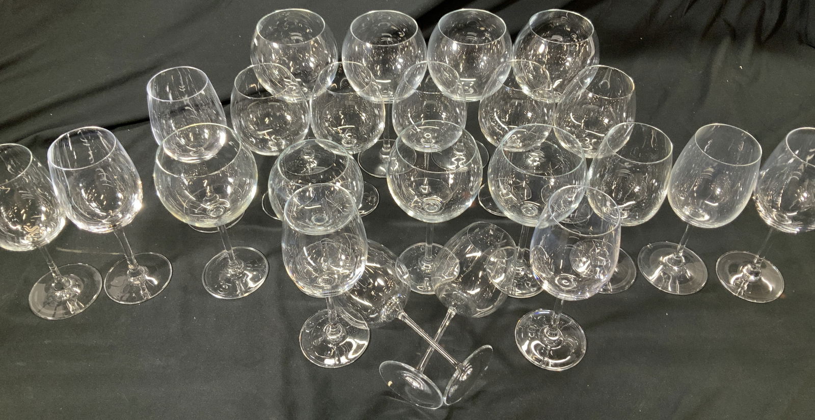C&S Set 23 Hand Blown Crystal Stemware: 23 long crystal stemware, different shape goblets. Larger round goblet measures 8.5 in. Ht. x 4.25 in. Wide. More slender goblet measures 8 x 3.25 in. Some glass have acid hallmark C&S Property from F